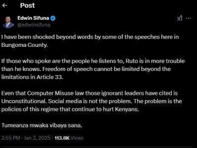 Statement shared by Senator Edwin Sifuna on Friday January 3, 2025 criticising the statements made in Bungoma. PHOTO/ Screengrab by PD Digital/@edwinsifuna/X