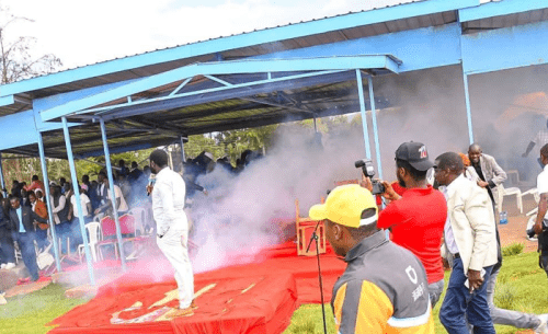 A tear gas canister goes off in Ndaragwa while Senator Methu Muhia addressess residents of the area. PHOTO/@methumuhia/X