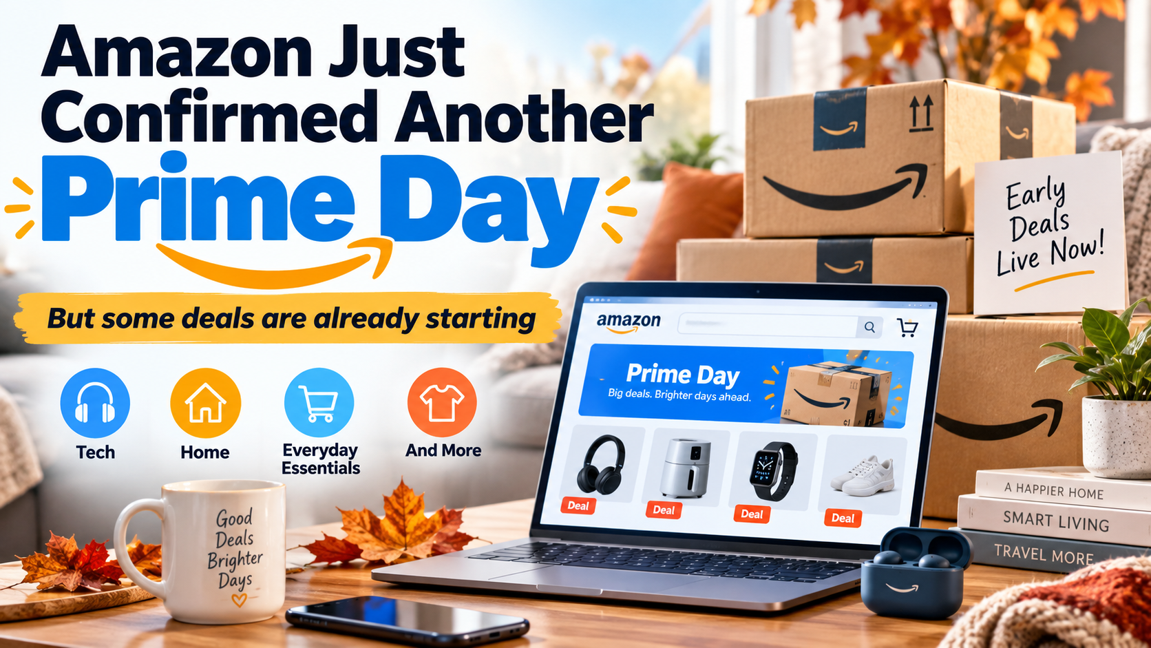 Amazon parcels stacked beside a laptop showing a Prime Day deals page on a living room table