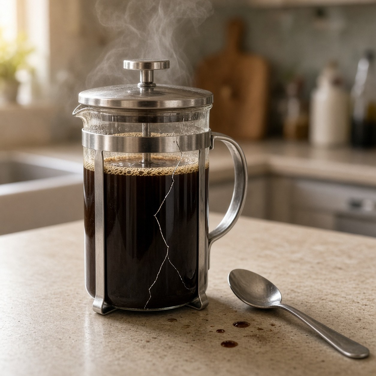Cracked glass French press full of hot coffee with a metal spoon beside it