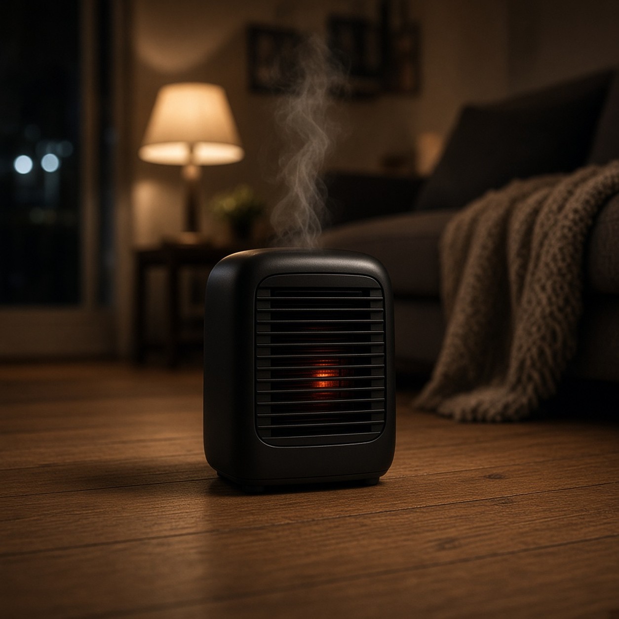 A black compact space heater glowing orange with a wisp of smoke on a living room floor at night (illustration)