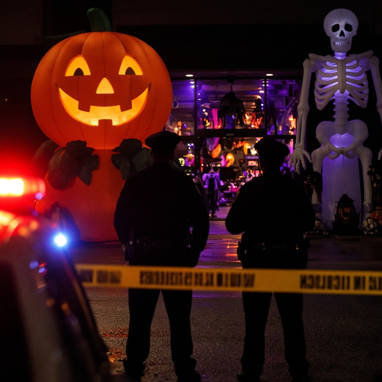 Illustration of police officers behind crime scene tape outside a Halloween store decorated with a giant inflatable pumpkin and skeleton
