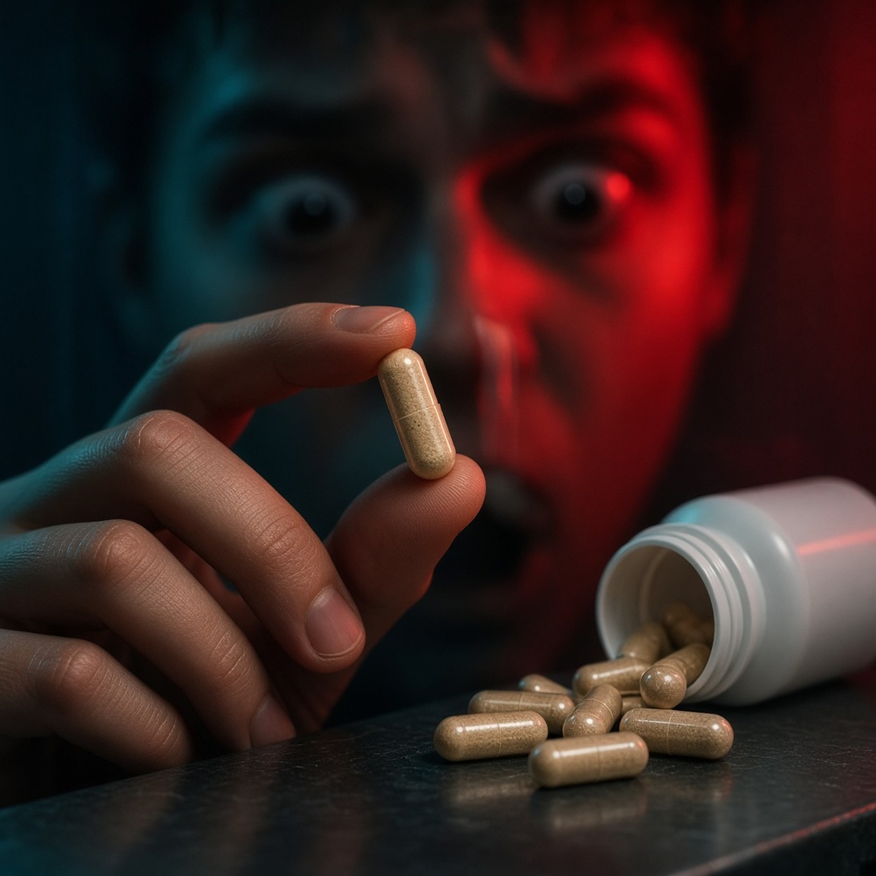 Illustration of a hand holding an open white supplement bottle with capsules spilling out under a red warning light
