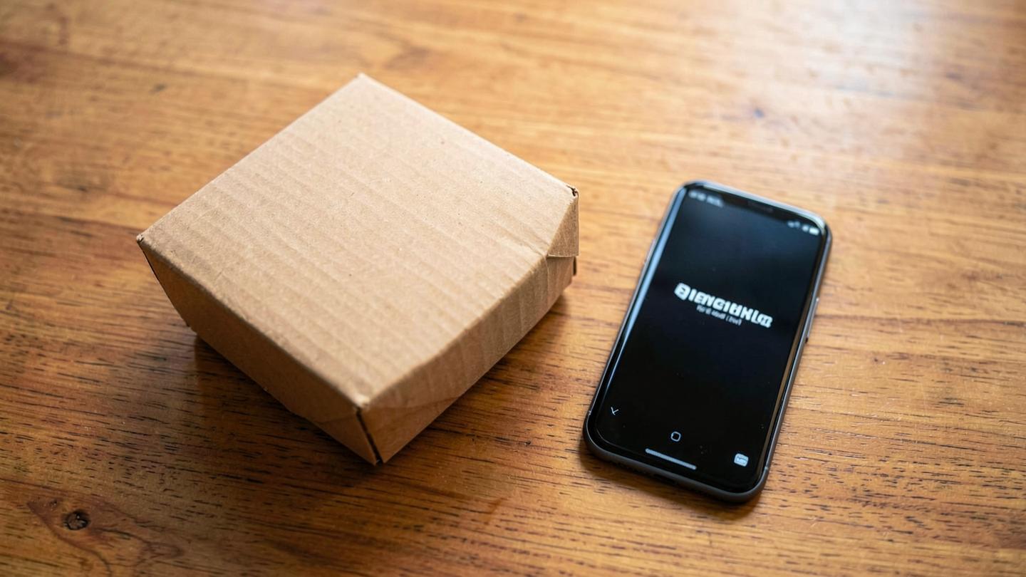 A cardboard parcel and a smartphone on a wooden desk