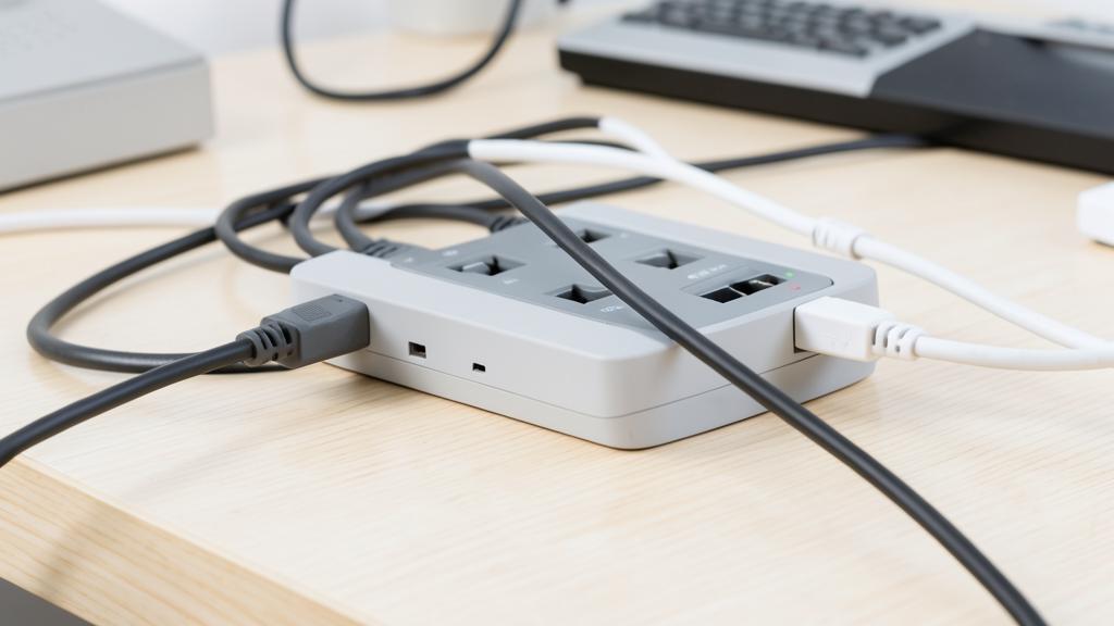 A power strip with several cables plugged in on a desk