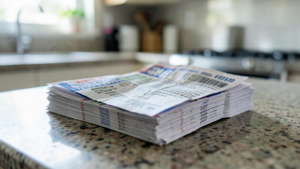 A stack of supermarket receipts on a kitchen counter