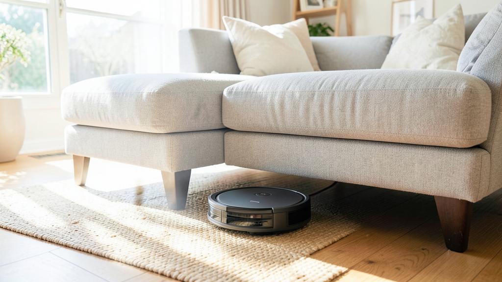 A robot vacuum cleaning under a sofa in a bright living room