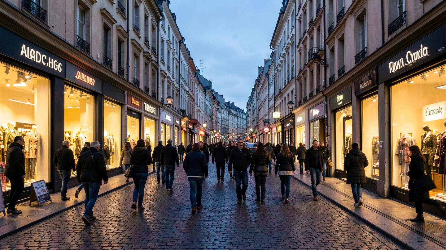 A busy European shopping street at dusk with warm shop lights